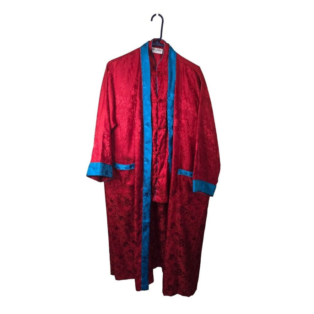 Bloomingdale's 3-Piece Asian‎ Red & Blue Floral Patterned Satin Pajama Set - PS